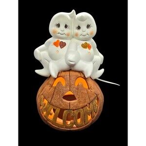 Jack-o'-lantern with 2 Ghosts Sitting on pumpkin Plug-in lights up "Welcome" Vtg